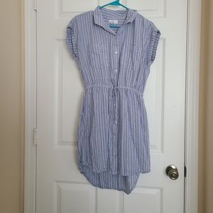 Japna Blue and White Button Dress with Elastic Waist Tie